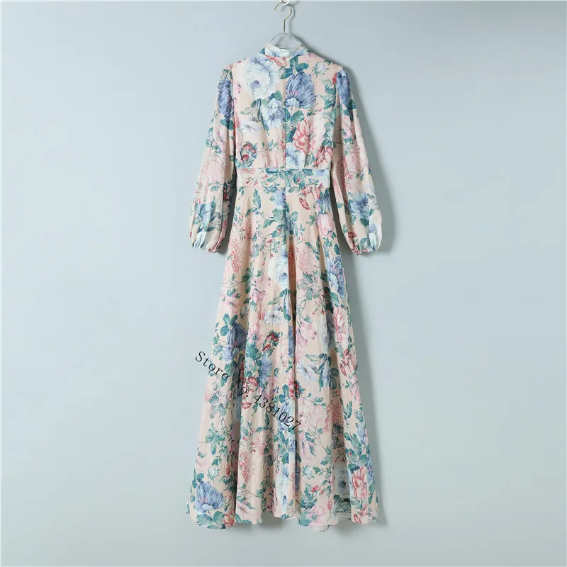 Summer New Fashion Linen Retro Printing V-Neck Single-Breasted Vacation Long Sleeve Dress Women's
