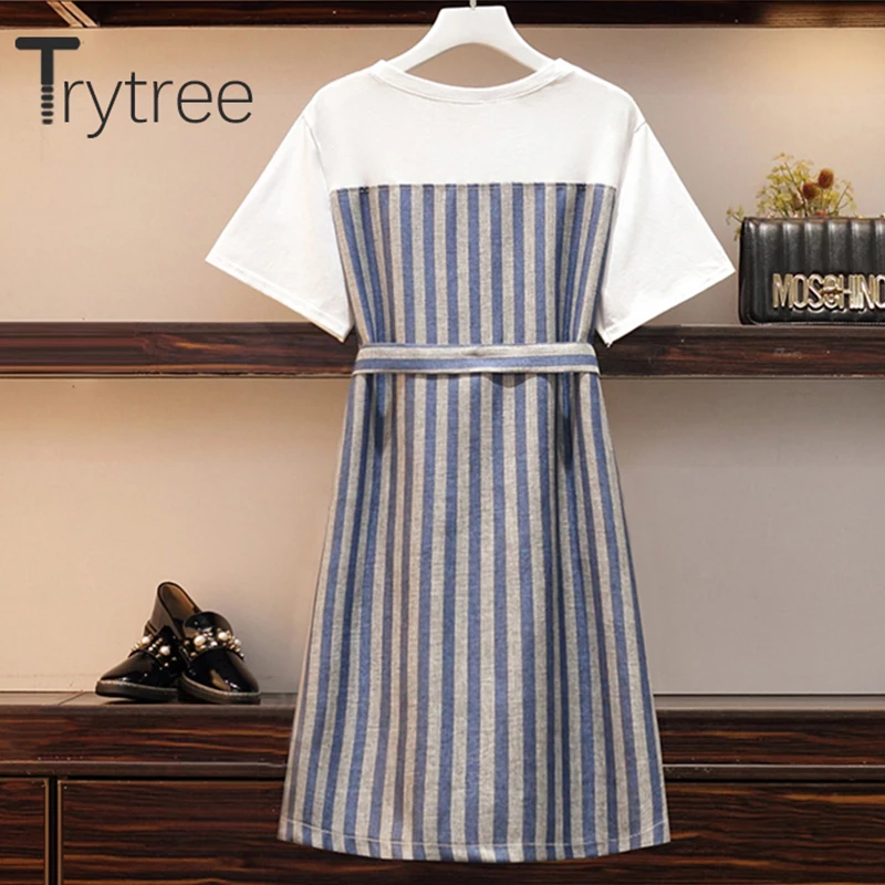 Trytree Summer Dress Women Casual O-Neck A-line Cotton tShirt Patchwork Striped Polyester Belt Pockets Office Lady dress | Женская