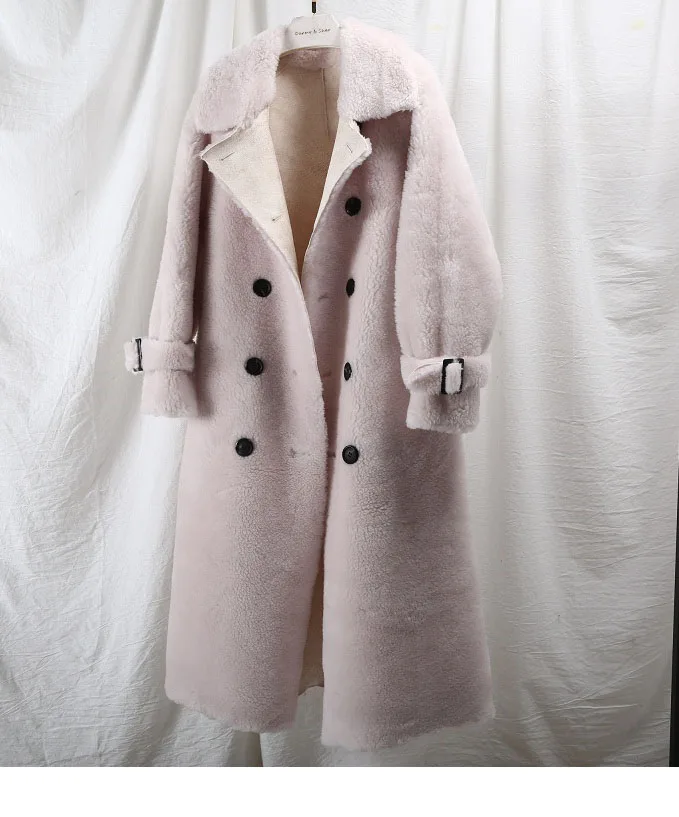 OFTBUY winter coat women windbreakers natural wool lamb fur sheepskin faux leather long trench coat Double-breast jacket