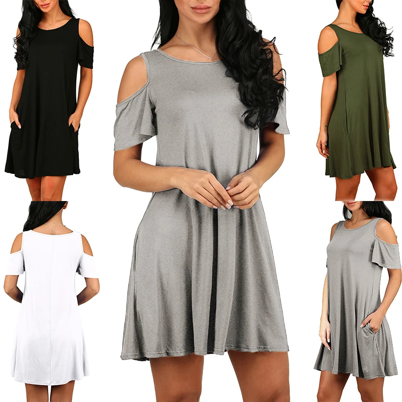 Сексуальное женское однотонное платье с открытыми плечами свободное вырезом