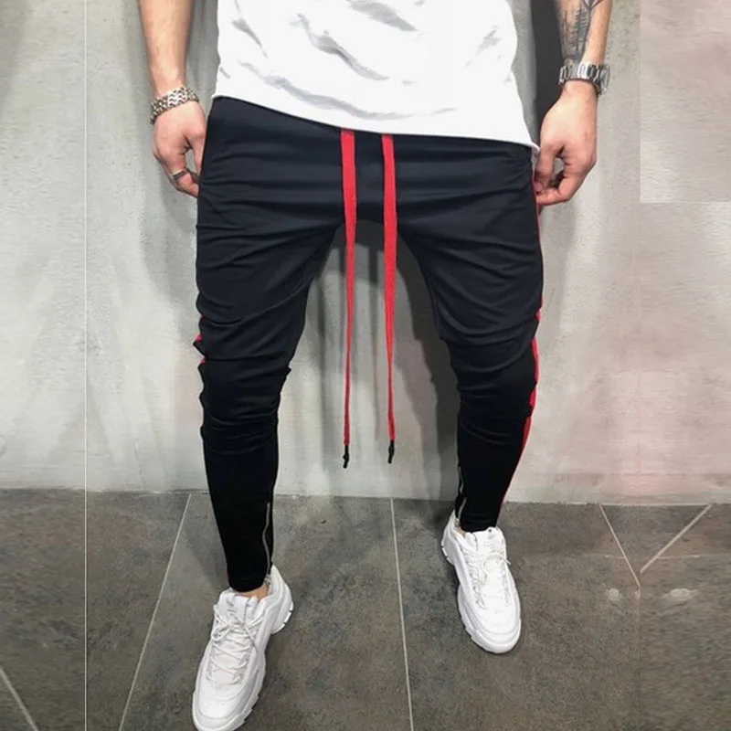 Сбоку полосой Drawstring Для мужчин трек Штаны контраст Цвет карандаш хип-хоп уличной
