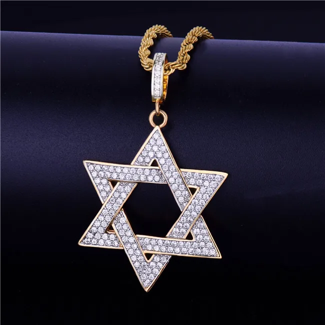 Iced Star of Danid ожерелье и подвеска СТАЛЬНАЯ ВЕРЕВКА цепь Золотой Цвет Bling кубический циркон мужские хип-хоп ювелирные изделия для подарка - Окраска металла: gold 2