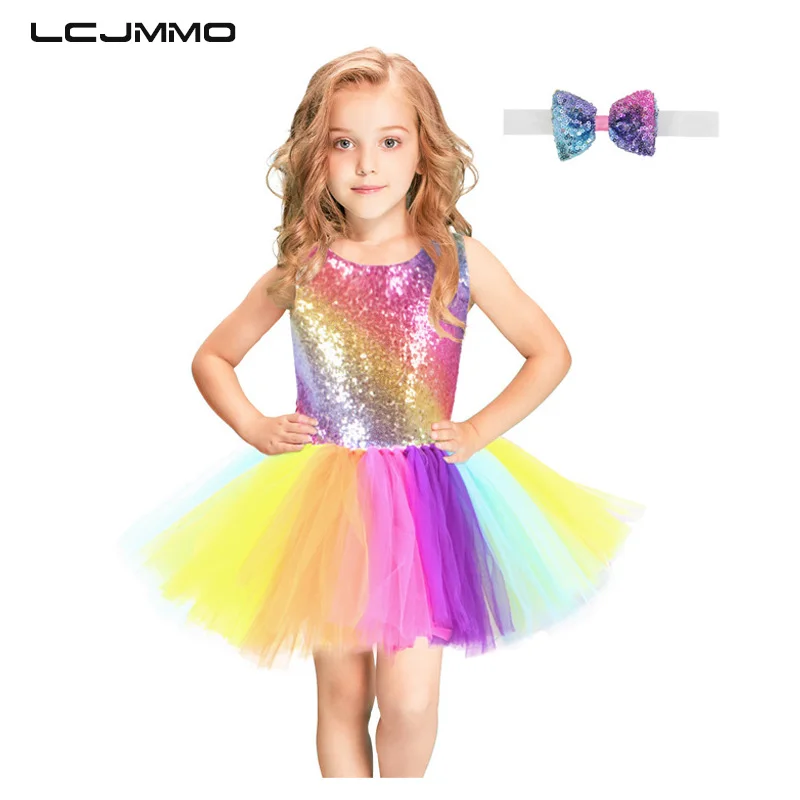 LCJMMO Princess Girls Dress Rainbow Sequined Bow Summer Baby Girl Birthday Party Dresses Christmas Costume Clothes 2-8Y | Детская одежда