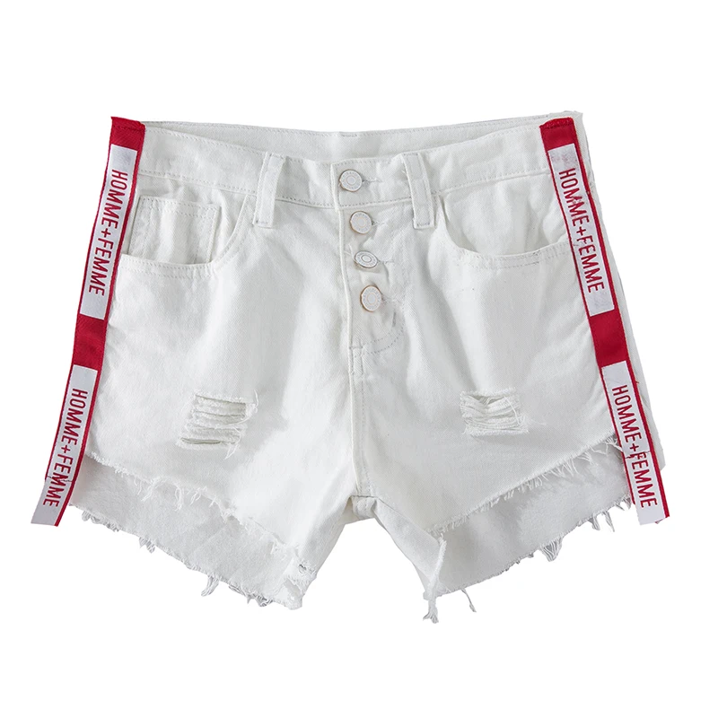 

LORDXX White Denim Shorts Women 2018 New Femme High Waist Ripped Side striped Jean shorts Summer Shorts for woman