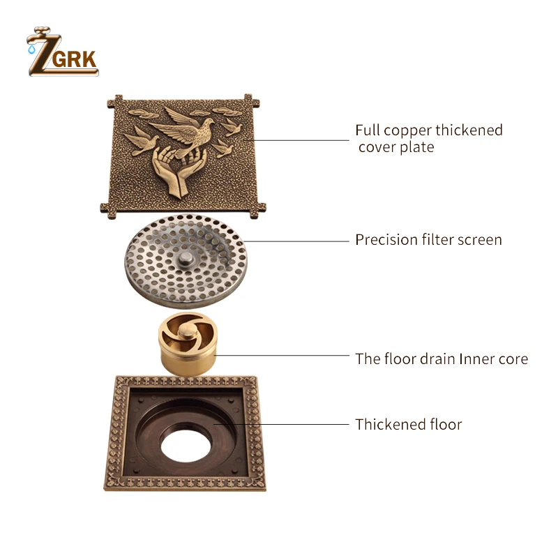 zgrk shower drain 12x12cm antique solid brass floor drain cover strainer bathroom bath accessories art carved square drains free global shipping