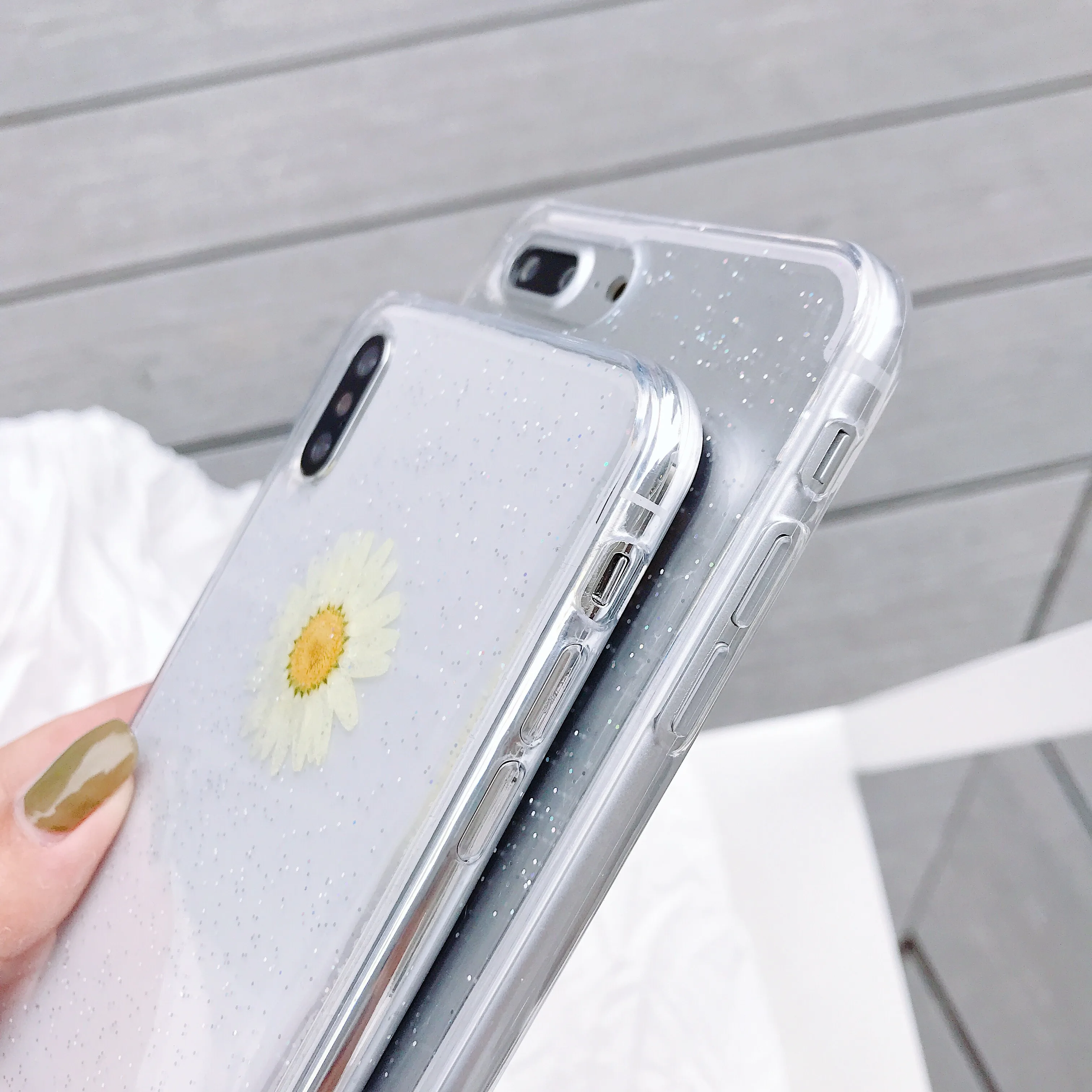 PEIPENG Daisy Real Flower Phone Case For iphone 6 6S 7 8 Plus Handmade Cover for X XS MAX XR Clear Soft Silicone Coque | Мобильные