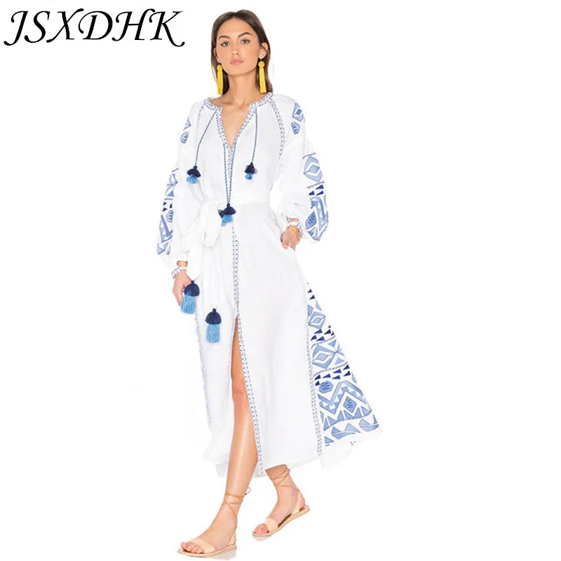 

JSXDHK New 2021 Ethnic Holiday Beach Long Dress Runway Summer Women White Embroidery Tassel Lantern Sleeve Cotton Boho Dress
