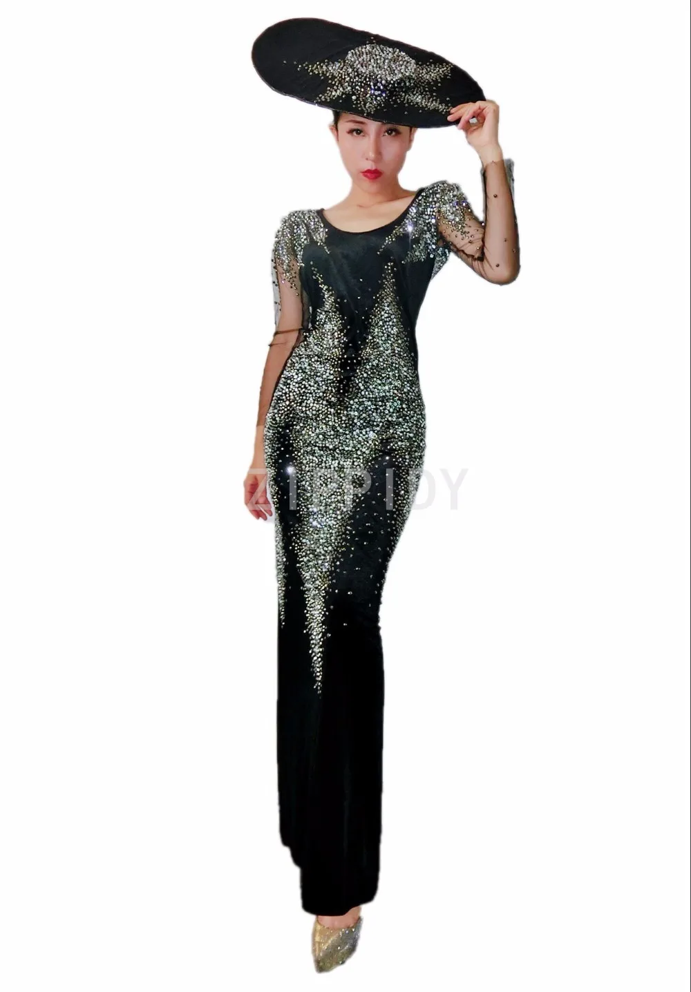 Sparkly Rhinestones Long Dress Black Backless Clothes Women's Birthday Celebrate Female Singer DS Nightclub Mesh Sleeves Outfit | Женская