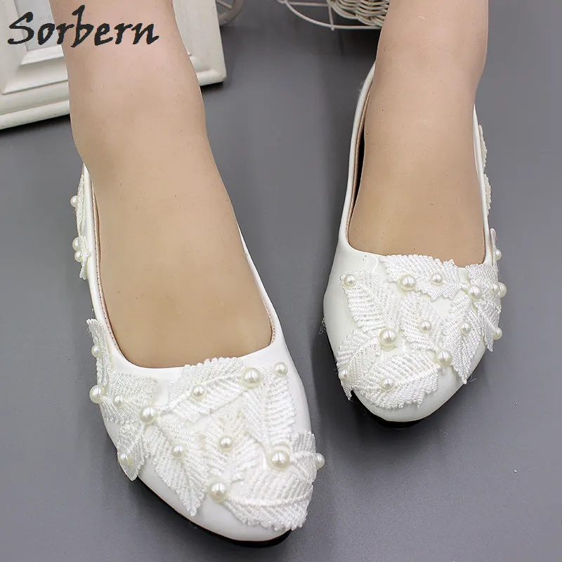 Flat Heel Sorbern/белые свадебные туфли без застежки на плоской подошве свадебные туфли на плоской подошве с кружевными листьями и бусинами женские туфли на плоской подошве с острым носком 3 см/5 см - Цвет: Flat Heel