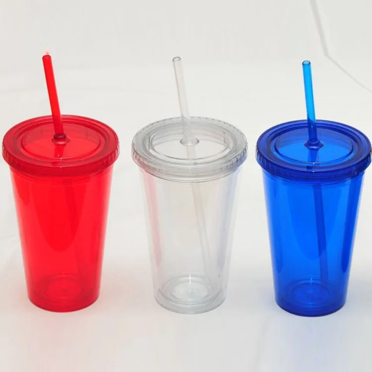 

Double Wall Plastic Tumblers With Lids Straws 16oz Drinking Cups Mugs Double Wall Insulated Tumblers with Straw Lid