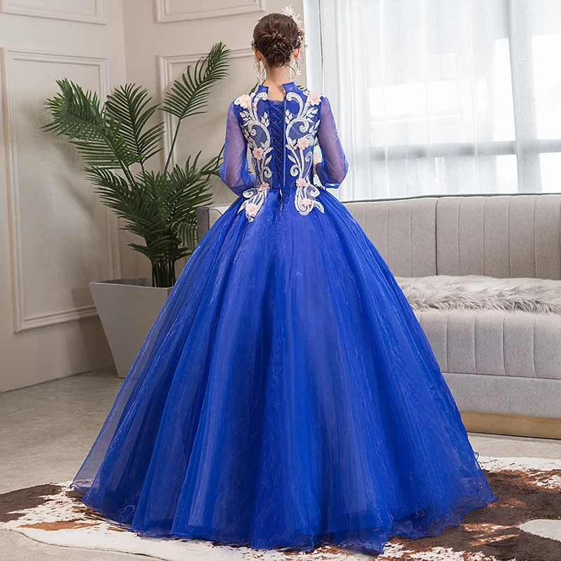 Бальные платья 2020 синие Quinceanera с длинным рукавом и высоким воротом 15 шестнадцати