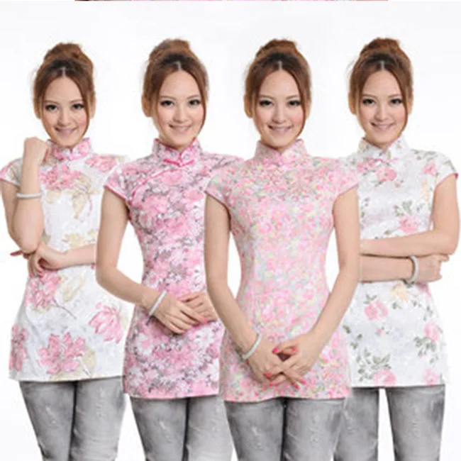 Женская рубашка с коротким рукавом жаккардовый хлопковый топ Cheongsam цветочным