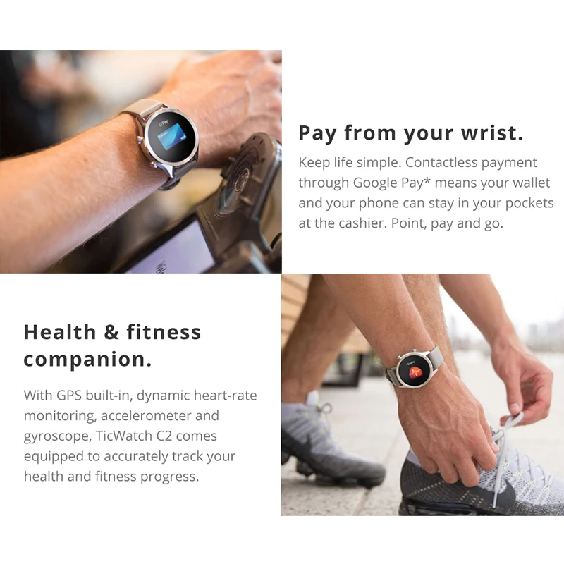 Смарт часы Ticwatch C2 Android носить ОС NFC платежи Bluetooth V4.1 Встроенный gps 400 мАч 1 5 дней
