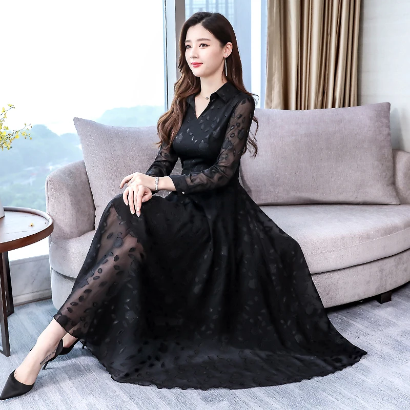 Dingaozlz Vestidos, M-3XL, новинка, отложной воротник, повседневное платье, тонкий длинный рукав, плюс размер, платье,, Осеннее шифоновое платье