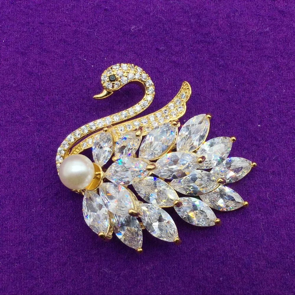 Swan zircon brooch women gold swans pearls and brooches wedding bridal decorations | Украшения и аксессуары