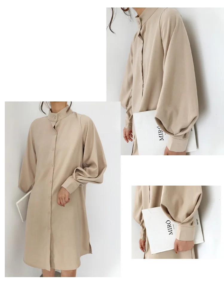 Женское платье-рубашка с длинным рукавом-фонариком свободное прямое рукавом