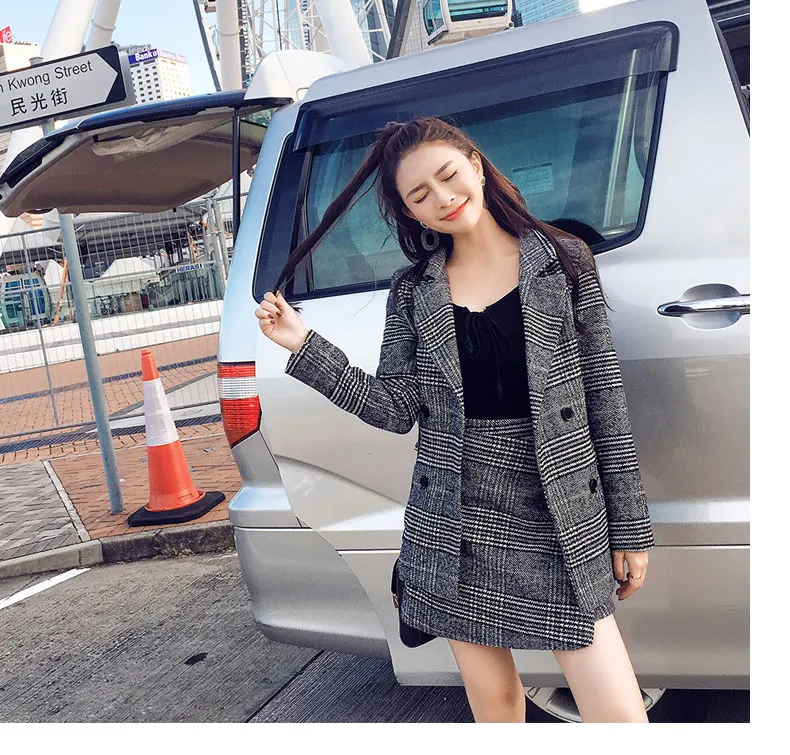 SMTHMA winter Runway Fashion Women Business Plaid tweed Jacket Coat Suits+2 piece women skirt suit