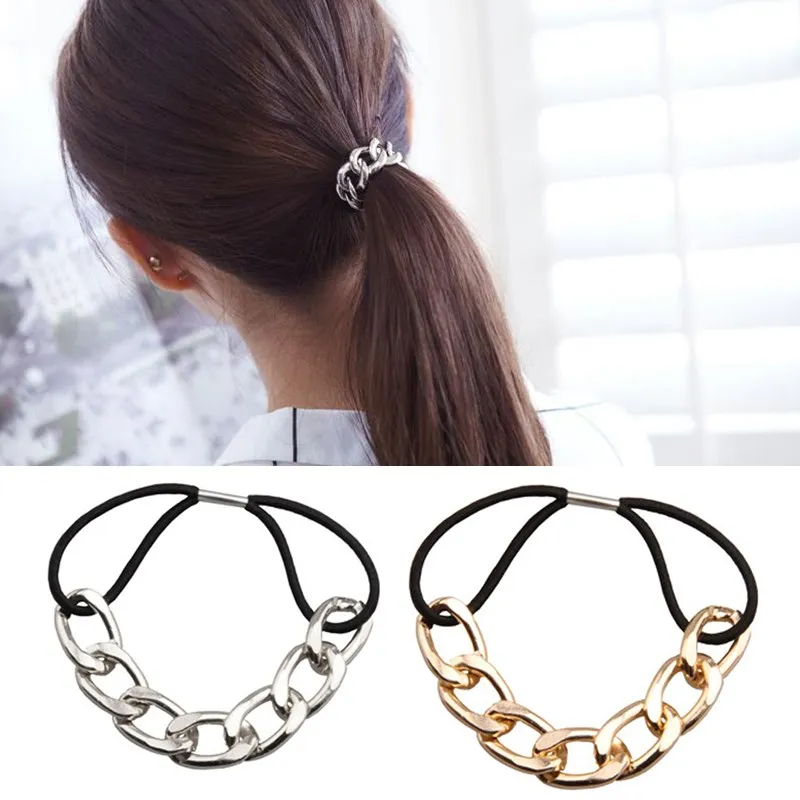 

Fashion Punk hair bands Gold Silver Color Woman Elastic Hair Band Rope Ties Metal Ponytail Holder Girls Hair Accessories