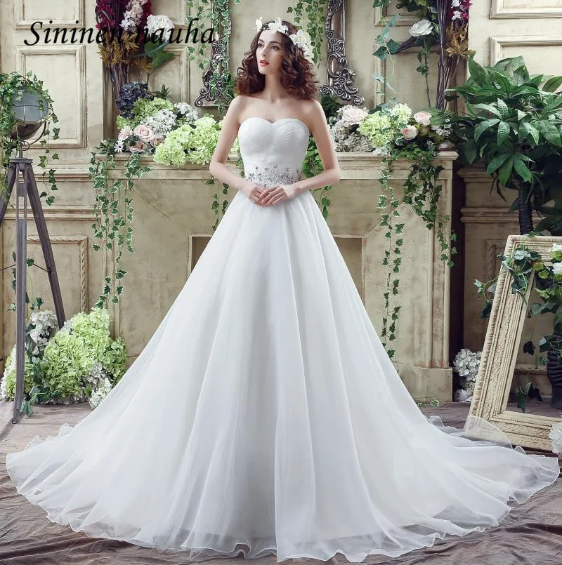 

White Wedding Dresses Bridal Gowns Sweetheart Crystals Appliques A Line Organza Cheap Dress Vestido De Noiva Robe De Mariage 195