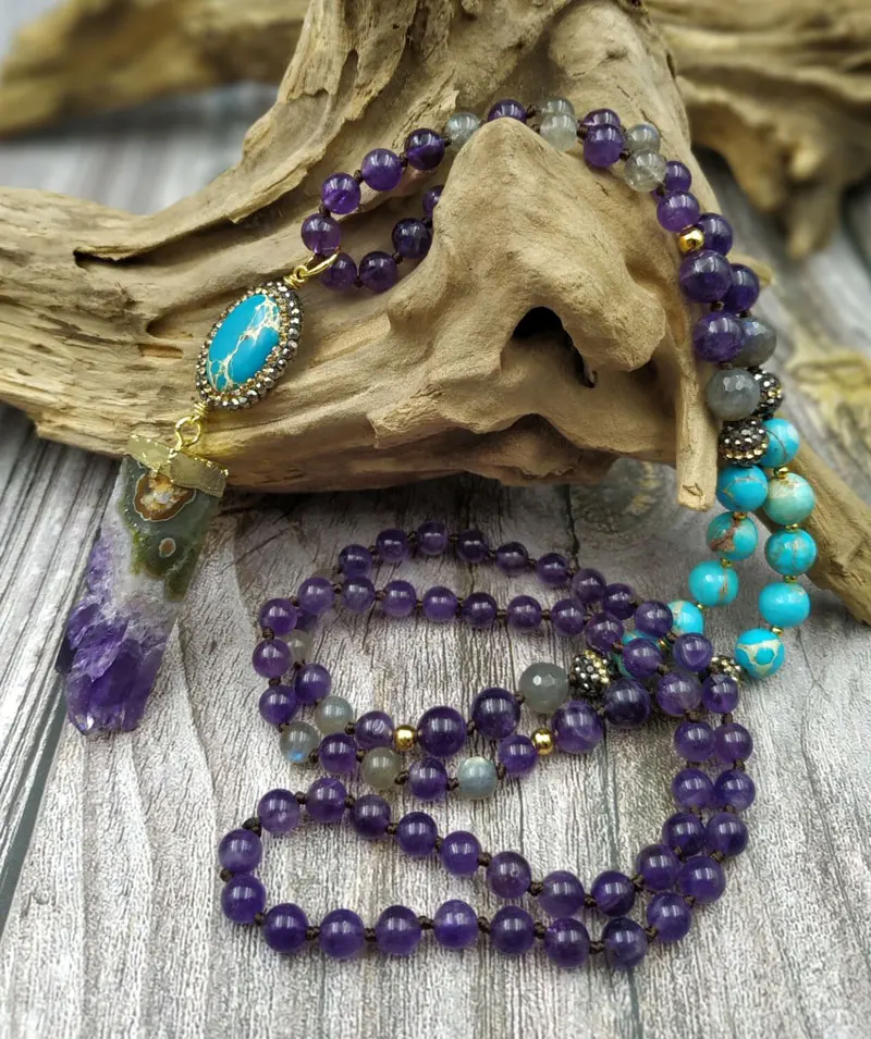 YA2742 108 Mala Beads ожерелье Amethys Druzy камень из осадочной породы кулон Knot Ручная работа