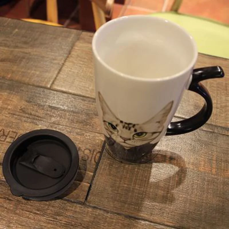 Крутая керамическая кофейная кружка с крышкой в виде кошки большая емкость 600 мл