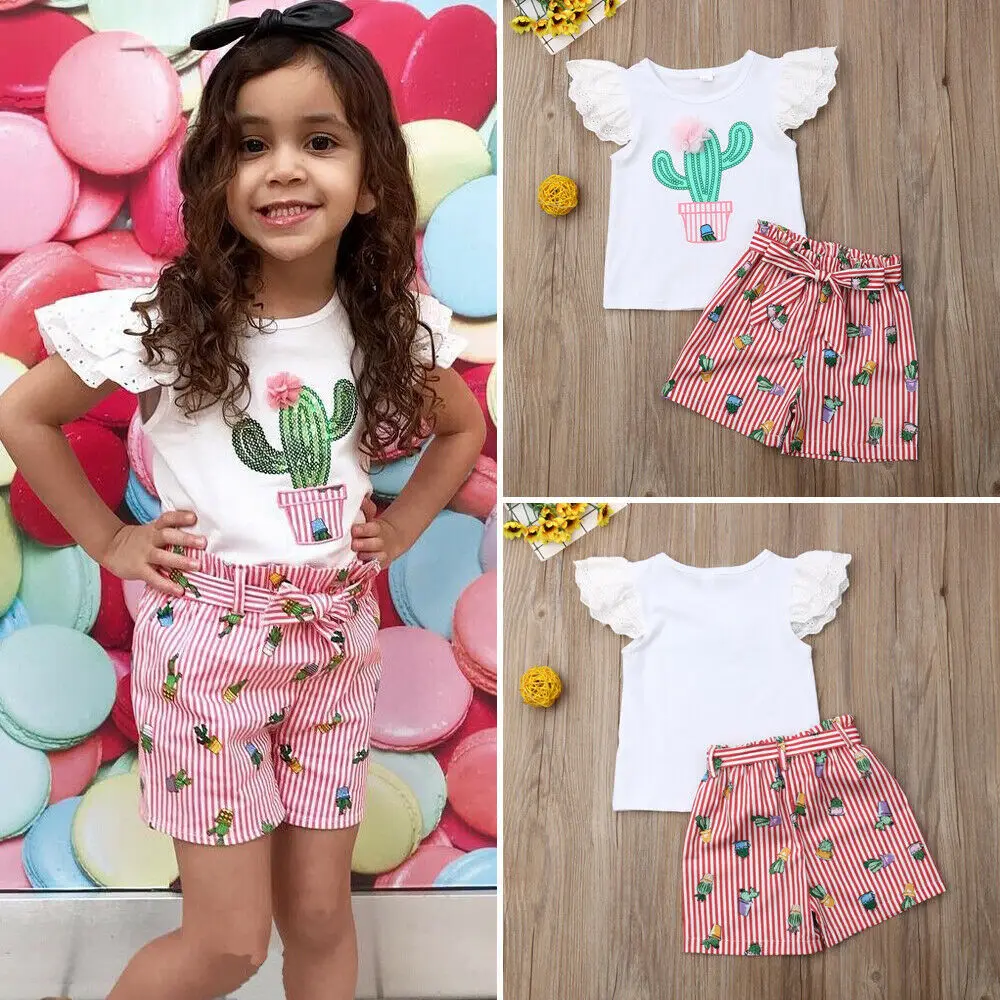 2019 Brand Infant Newborn Baby Girls Short Sleeve T-shirt Cactus Print + Striped Shorts Summer Beach Outfit Set | Детская одежда и
