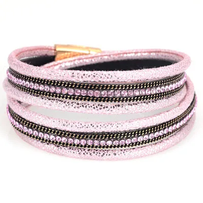 Pink Miasol двойной обертывание Bling Кристалл и Веревка Цепи обертывание ped браслеты с магнитной застежкой для женщин вечерние свадебные ювелирные изделия подарок - Окраска металла: Pink