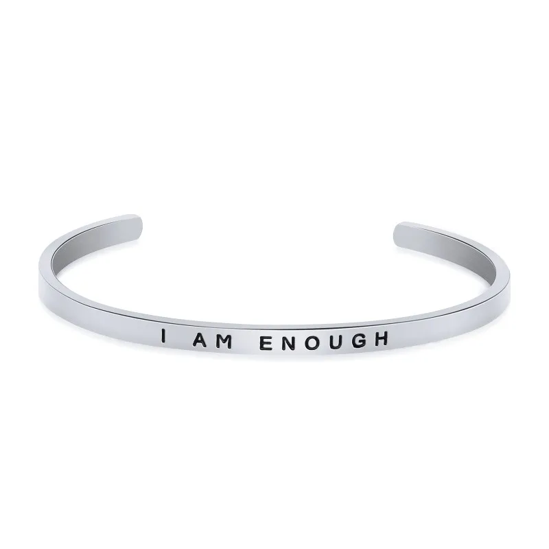 

Fast Shipping 4mm Engraved Bracelet I Am Enough Cuff Bangles Stainless Steel for Women Silver Color Birthday LMantra Bracelet