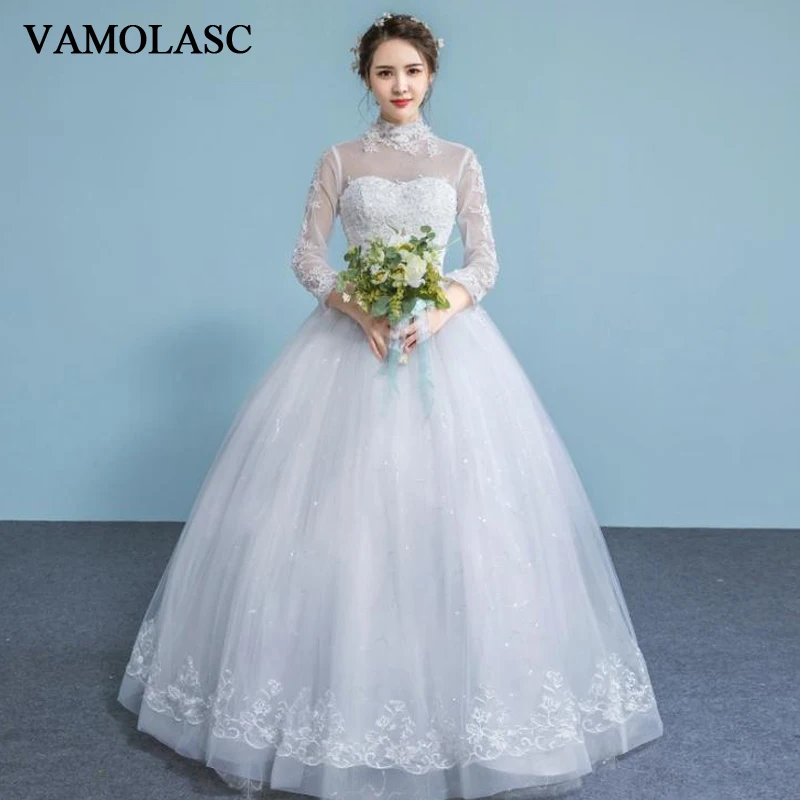 

VAMOLASC Sequined High Neck Lace Appliques Ball Gown Wedding Dresses Illusion Long Sleeve Backless Bridal Gowns