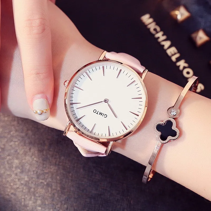 GIMTO модные розовые женские часы ультра тонкие золотые кожаные водонепроницаемые