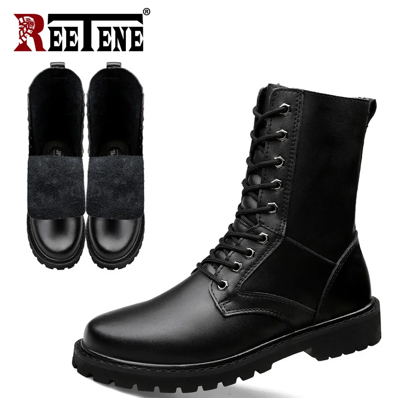 Black no fur REETENE/мужские кожаные ботинки в стиле милитари; водонепроницаемые ботинки; сезон осень-зима; мужские уличные рабочие ботильоны; Мужская обувь в армейском стиле; размеры 38-50 - Цвет: Black no fur