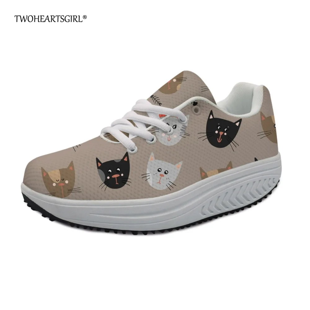 

Twoheartsgirl Brown Printing Animal Cat Wedges Swing Shoes Breathable Female Ladies Slimming Shoes Leisure Platform Sneakers