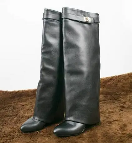black 2 Prova Perfetto/модные сапоги до колена из натуральной кожи, с ремешком и акулой, с острым носком, в байкерском стиле, на танкетке, на высоком каблуке - Цвет: black 2