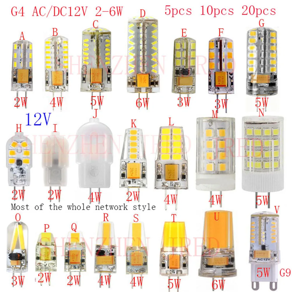 5 шт. G4 лампочка AC/DC 12 В 2 Вт 3 Вт 4 Вт 5 Вт 6 Вт COB SMD 3014 SMD 2835 SMD светодиодный светильник Замена галогенного прожектора люстра G9