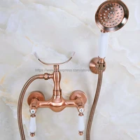 antique red copper bathroom bathtub shower faucet set single handle mixer tap with wall mounted ceramic hand held shower bna357