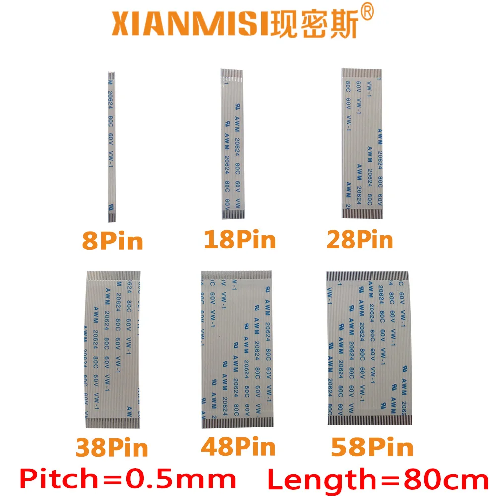 

FFC/FPC Flat Flex Cable 8Pin 18Pin 28Pin 38Pin 48Pin 58Pin Same Side 0.5mm Pitch AWM VW-1 20624 20798 80C 60V Length 80cm 5PCS