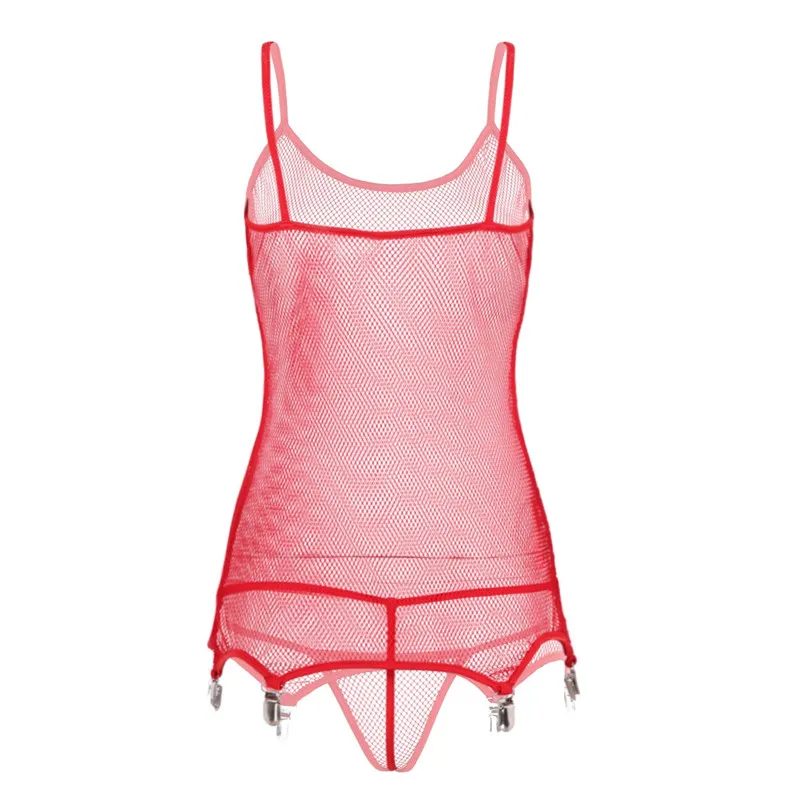 2Pcs Sexy Women Fishnet Lingerie Spaghetti Shoulder Straps Corset with Suspenders Clips Stockings Teddy Bodysuit with Briefs