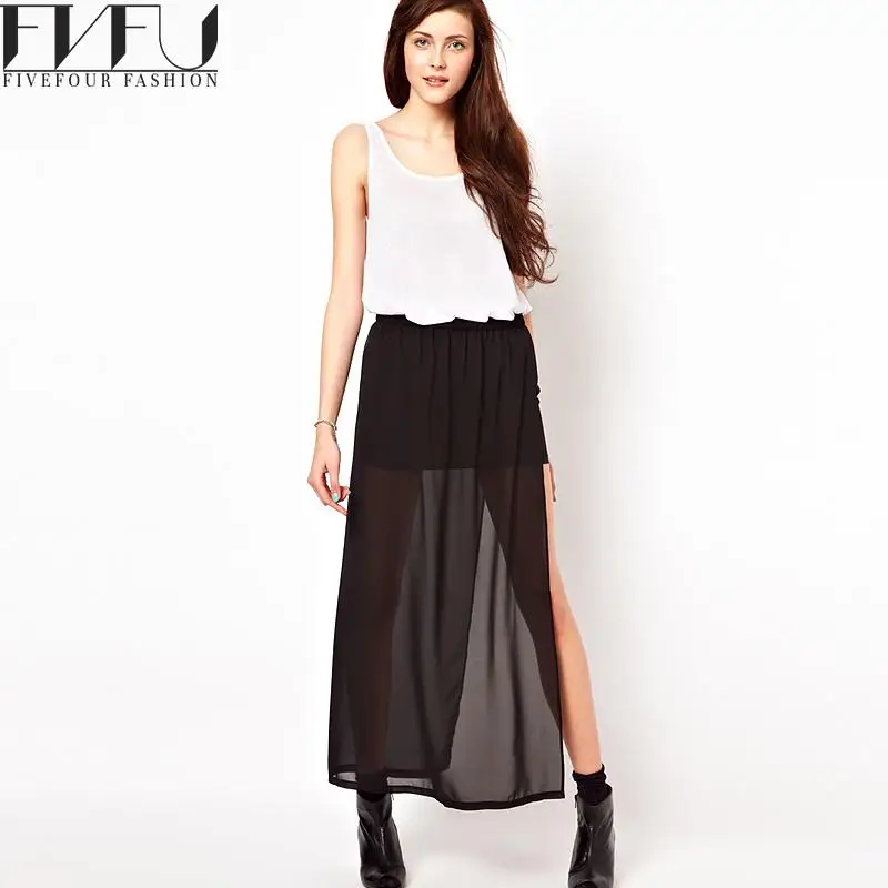 New Fashion Skirt Women 2018 Summer Style Solid Color Black Chiffon Long Side Split Casual Vintage Maxi Plus Size | Женская одежда