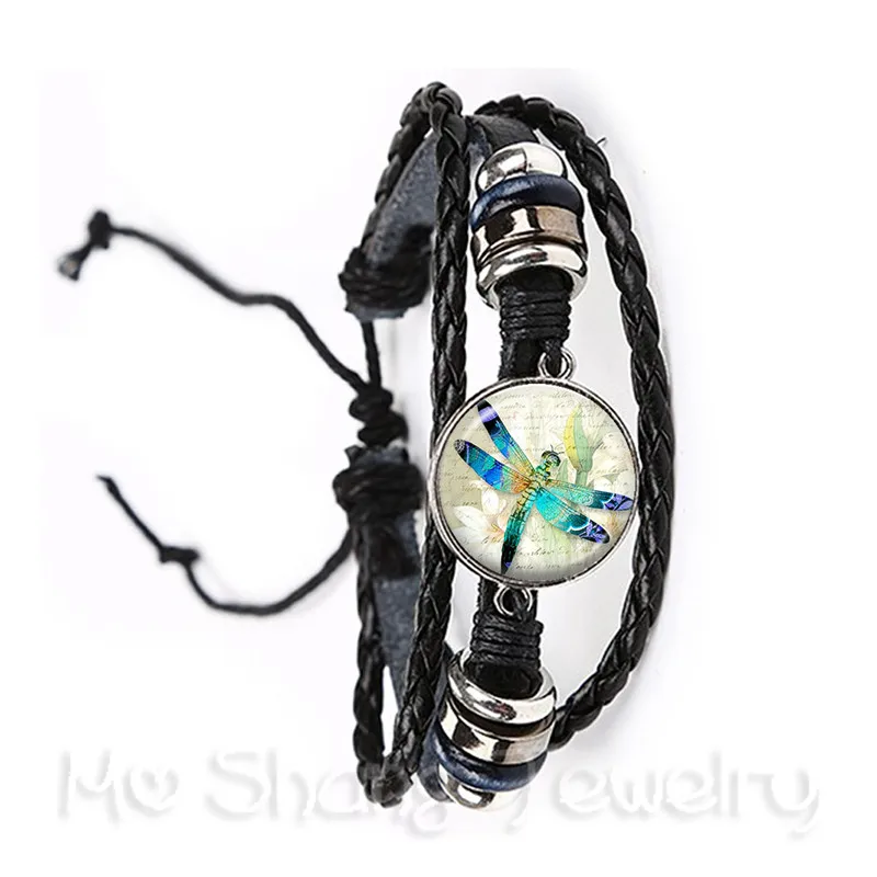 Dragonfly Pattern Classic Bracelet Insect Art Picture Glass Cabochon Dome Black/Brown 2 Color Leather Cords Adjustable Bangle | Украшения и