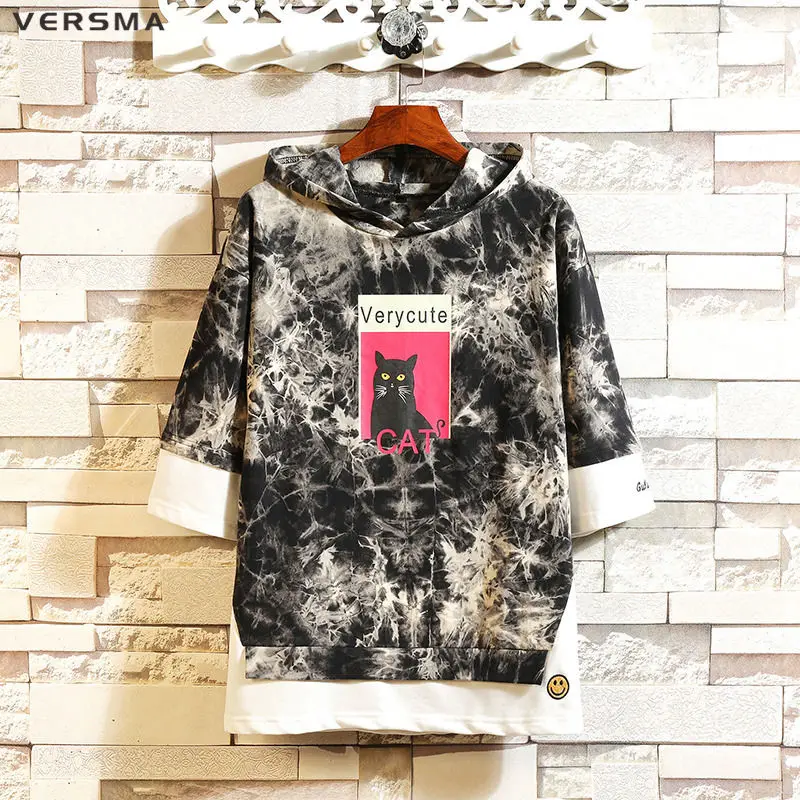 VERSMA, Корейская, Harajuku, с капюшоном, камуфляжная, с рисунком кота, футболка, мужская, летняя, хип-хоп, Swag, уличная, свободная, фальшивая, из двух частей, футболка для мужчин