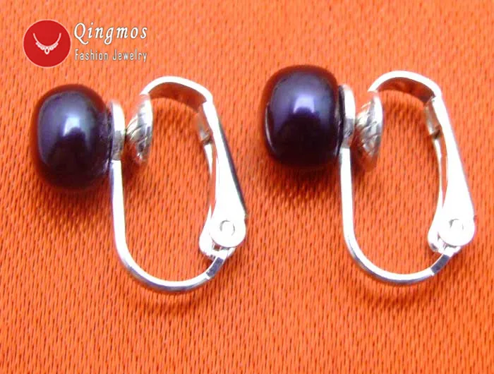 Женские серьги-клипсы с плоским жемчугом Qingmos черного цвета 7-8 мм натуральный