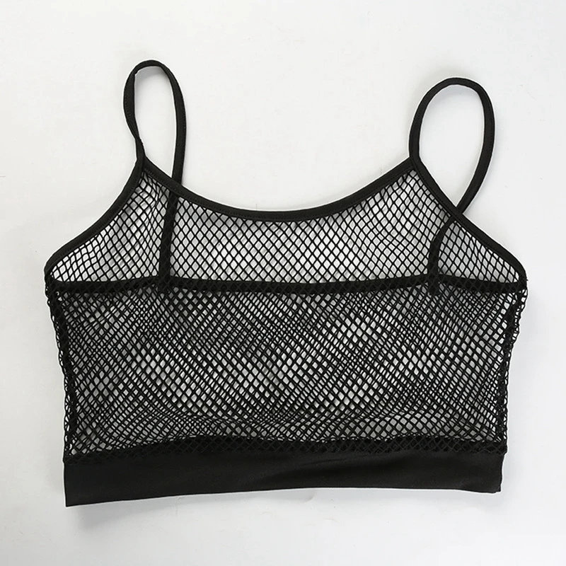 High Quality Sexy Mesh Fishnet Tank Top Women Sexy Hollow Out Elastic See Through Black White Perspective Bodycon Crop Tops