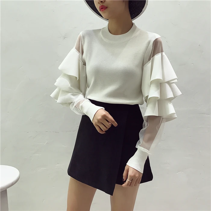 Женские вязаные свитера топы костюмы женский свитер с оборками и сетчатым