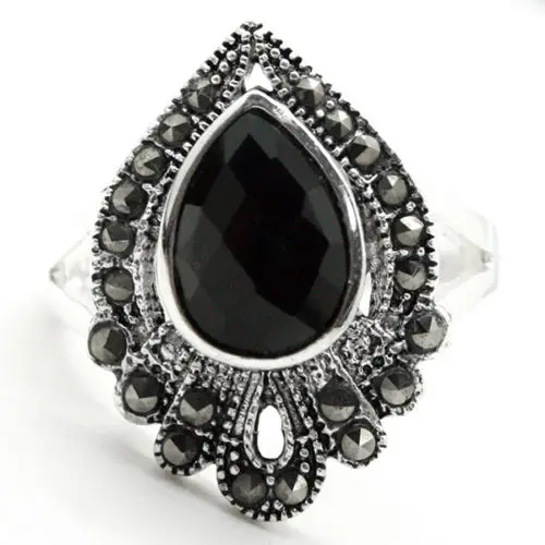 

NATURAL DROP BLACK AGATES MARCASITE 925 STERLING SILVER RING SIZE 6/7/8/9