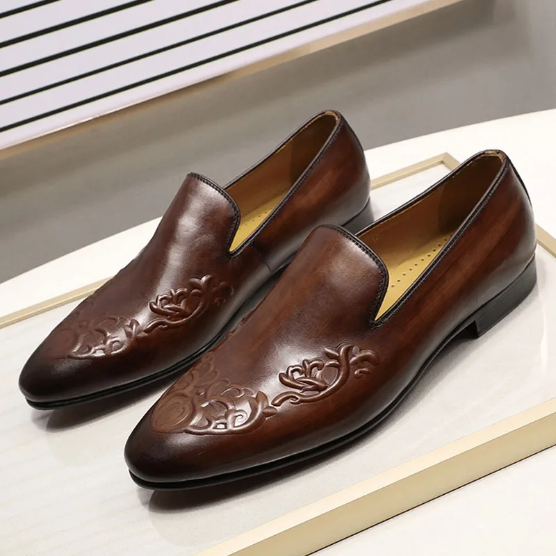 Dark-Brown Autumn Luxury Mens Loafers For Wedding Party Street Fashion Brown Genuine Real Leather Slip On Men Dress Shoes Formal Shoes - Цвет: Dark-Brown