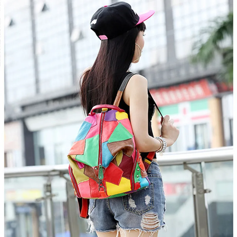 Women Genuine Leather Backpack With Soft Handle Designer High Quality Sheep Skin Patchwork Rivet Backpacks For Travel 2colors | Багаж и
