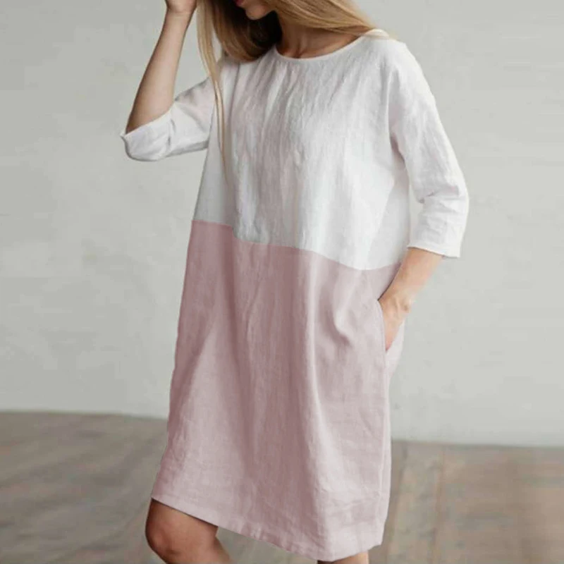 Pink Lipswag 5XL женское повседневное лоскутное платье с круглым вырезом и карманами, 1/2 рукав, хлопок, лен, платья, большие размеры, свободные вечерние платья, Vestido - Цвет: Pink