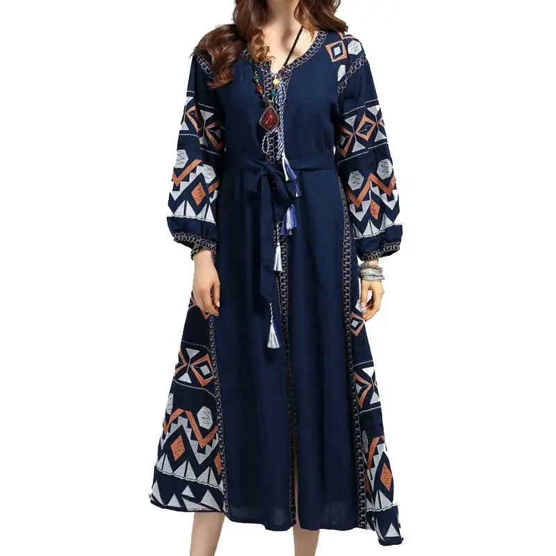 Женское льняное платье макси с вышивкой и помпоном|womens clothing|dress linenmaxi dress |