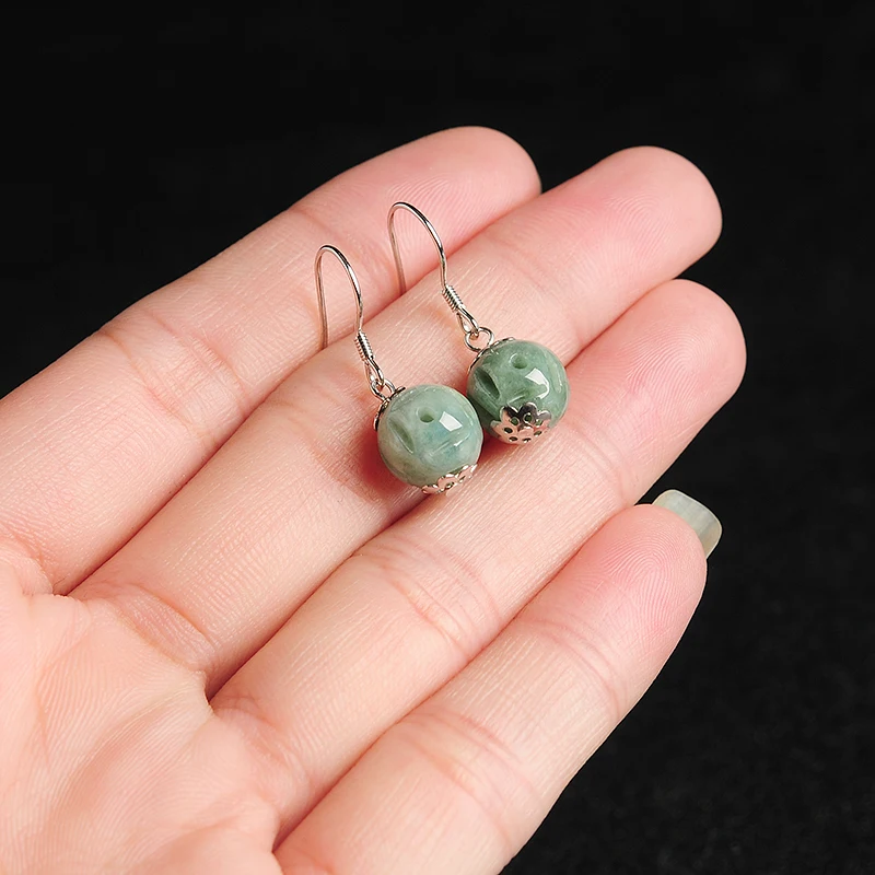 925 silver inlaid natural A goods Tou Le jade Transshipment bead earrings Burmese women hollow Beads Earrings | Украшения и