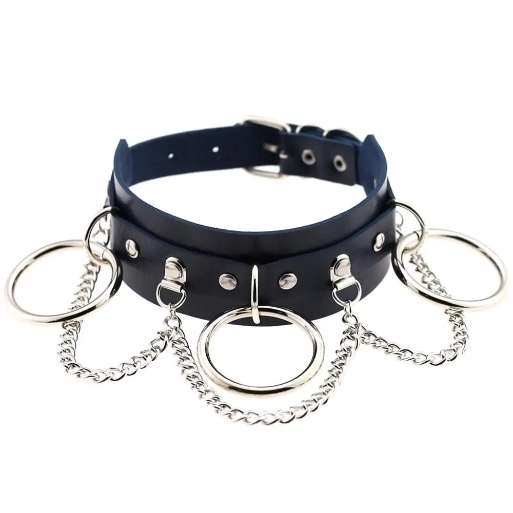 dark blue Женский Мужской панк кожаный ошейник для связывания с большими 3 кольцами колье и цепи уплотнительное кольцо БДСМ рабыня воротник - Окраска металла: dark blue